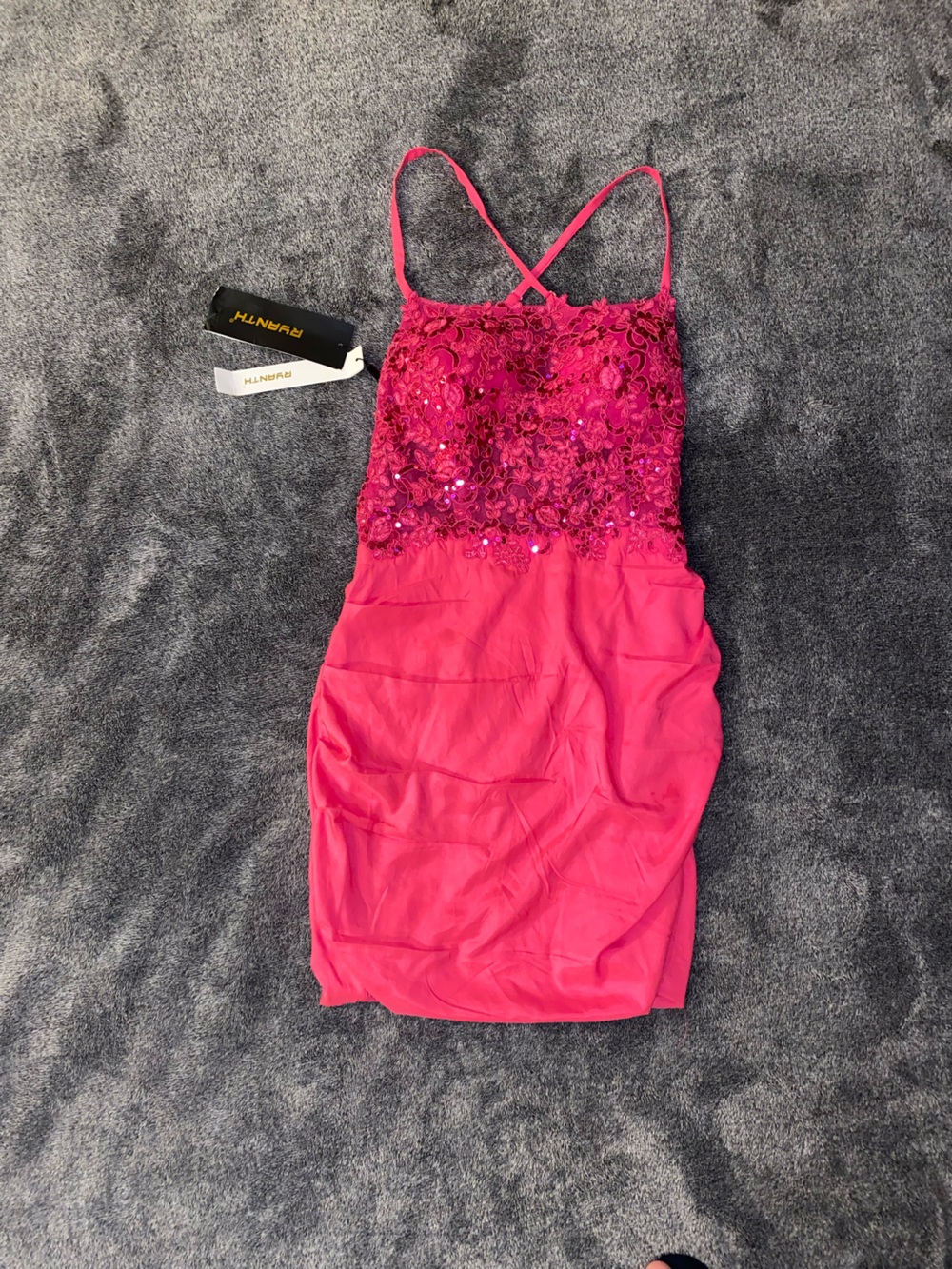 Ryanth Size 2 Prom Dress – Sequin Top, Silk Ruched Bottom, Cross Strap Back